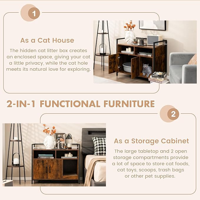 GIANTEX Cat Litter Box Enclosure, Hidden Cat Cabinet Furniture, Dog-Proof | Scratch Pad, Front Entry, Double Doors, 2-Compartment Storage, Wooden Pet House Washroom End Side Table for Living Room