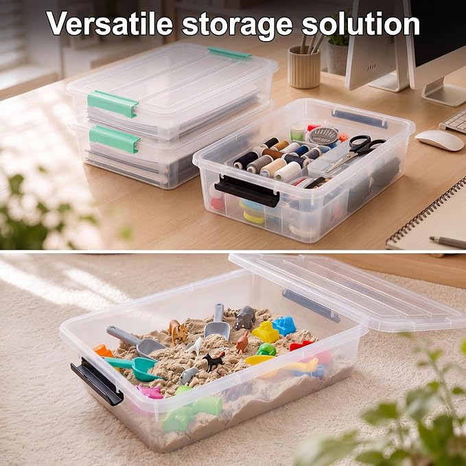6 Qt Plastic Storage Bins with Lids,Sensory Bins,Stackable Clear Containers with Secure Latches,Multi-Purpose Classroom Storage Organizer for Craft Supplies,Paper & Office Stationery,4 Pack,Black | Stackable, Secure Latches, Multi-Purpose Classroom Sto...
