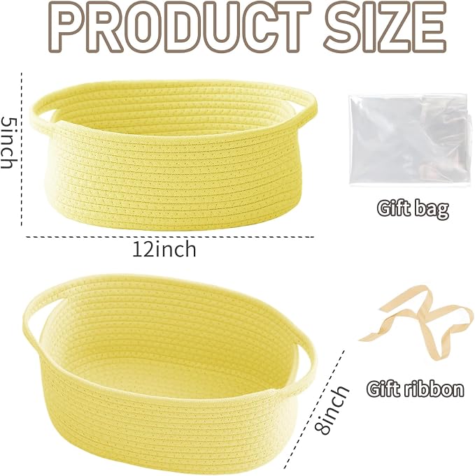 JMvicyroam Small Woven Basket, Empty Gift Basket, Yellow/3 Pack | Small Gift Basket, Cotton Rope, 12 x 8 x 41 in, Handles, Includes Ribbon and Bag, Birthday Gift Basket