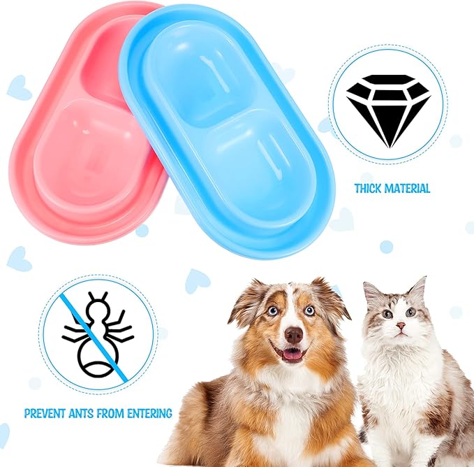 2 Pieces Cat Food Basic Dog Bowls 35oz Plastic Double Pet Food Water Bowls Feeding Bowl Tray Cat Eating and Drinking No Spill for Dogs Pets, Pink and Light Blue