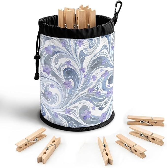 Portable Drawstring Clothespin Bag, Fluid Art Floral Laundry Peg Organizer Pouch with Hanging Loop, Compact Storage for Clips, Ideal for Drying Rack, Camping, Travel