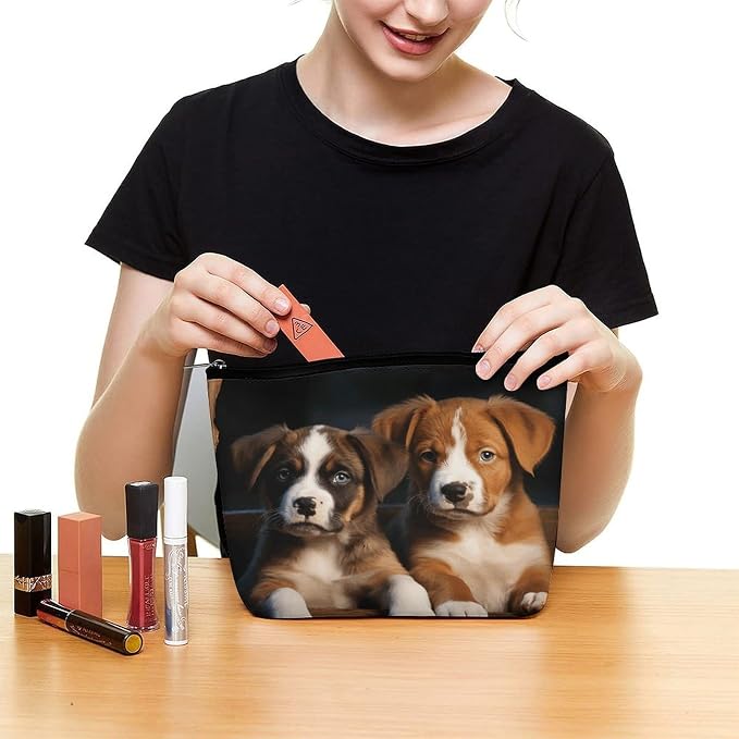Puppies Dogs Pets Animals Cosmetic Bag for Women Small Cute Makeup Bag for Purse Waterproof Pu Leather Mini Makeup Pouch Aesthetic Portable Fabric Mini Zipper Pouch for Travel