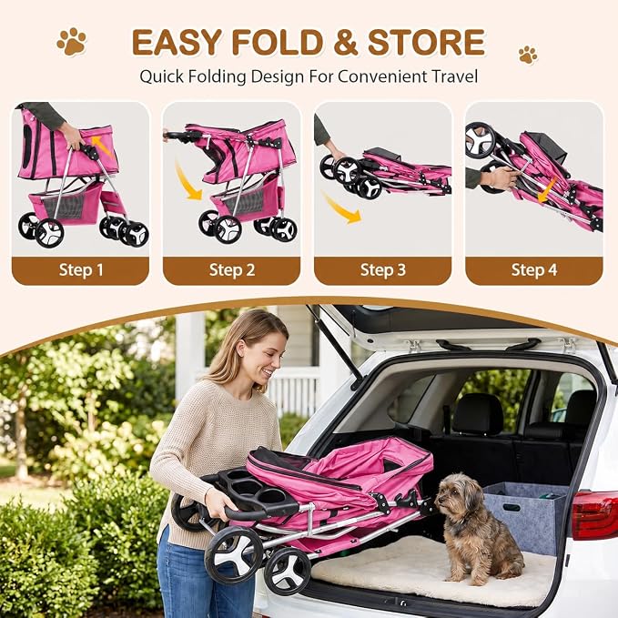 Pet Stroller 4 Wheels Dog Cat Stroller for Small Medium Dog Cats Carrier Jogger Travel Foldable Puppy with Storage Basket and Cup Holder (Pink)