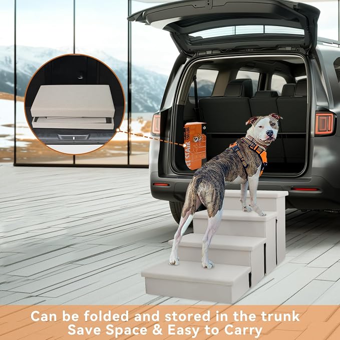 Zerbuger Dog Stairs with Storage, Beige 4 Steps Dog Ramp with Condo for Bed | 23" H Wider Dog Steps for High Beds Couch, Folding Storage Pet Stairs Gift for Climbing Small/Medium/Large Old Dogs Cats