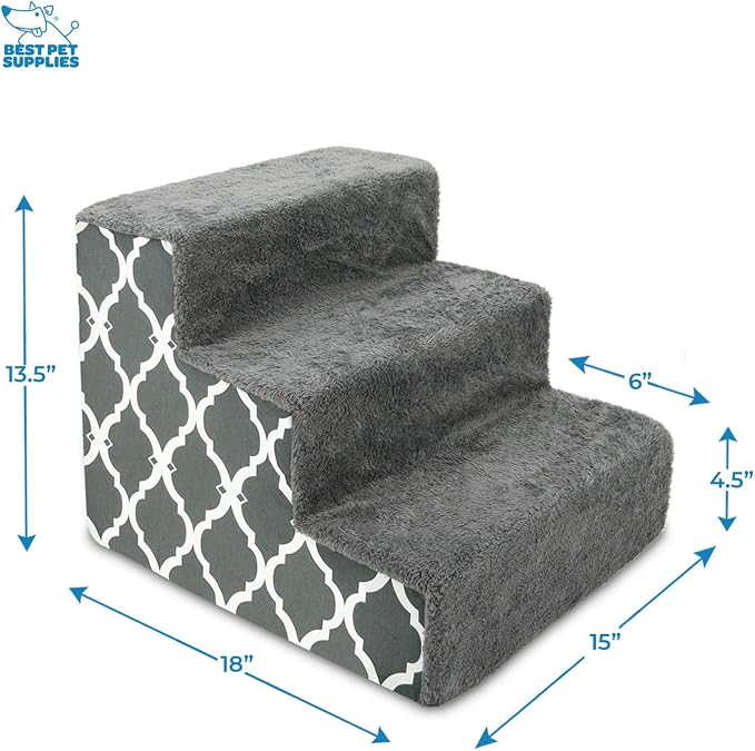 Best Pet Supplies Dog Stairs & Steps - Foam Steps for Small Dogs & Cats, Non-Slip Indoor Balanced Pet Step Support, Dog Ramp, No Assembly, Gray Lattice Print, 3-Step (13.5-inch Height)