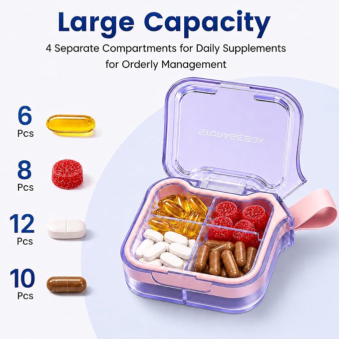 Travel Pill Organizer with Silicone Carry Loop, Portable Medicine Case | 4 Compartments Compact Pill Box for Vitamins Supplements Daily Medications, Purse Backpack Office