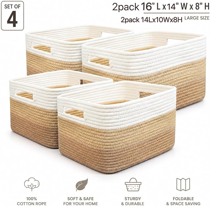 4 sets of hand-woven cotton rope storage boxes, suitable for toys, books, clothes, bathrooms, car trunks used for organizing decoration, Khaki color Two 16x14x7 in two 14x10x7in