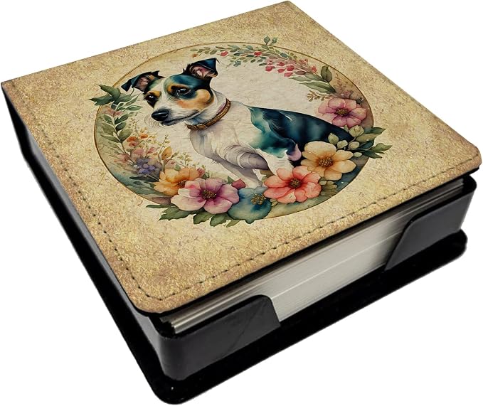 Caroline's Treasures Jack Russell Terrier and Flowers PU Leather Note Paper Holder with Artist-Designed Cover, Desk Accessory, Office Gift