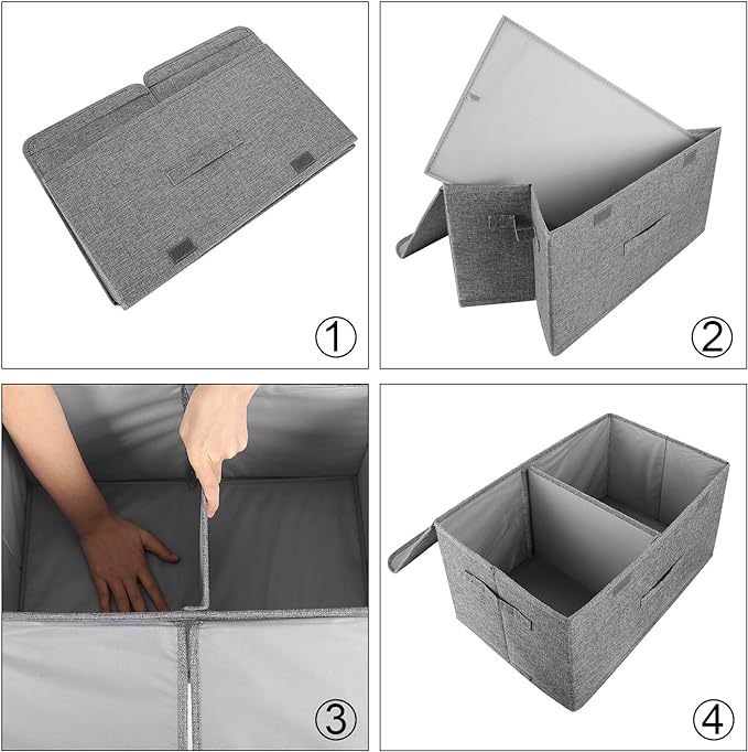 2 Pack Large Storage Boxes with Lids and Handles, Collapsible Linen Storage Bins Organizer Containers Baskets Cube with Removable Divider for Home Bedroom Closet Office (Cream, Small)