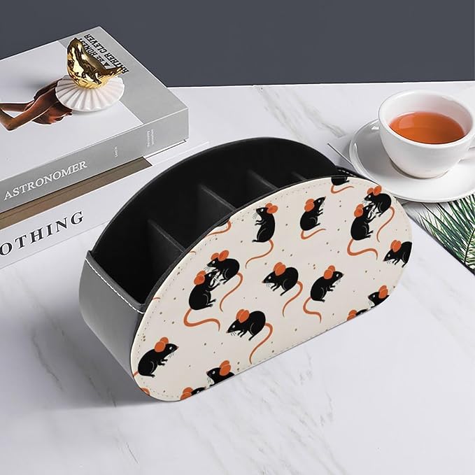 Remote Control Holder Cute Rat 5-Slot Office Storage Caddy Box | Makeup Brush Organizer, Pu Leather, Cute Rat Desktop Accessory for TV Remotes Media Player
