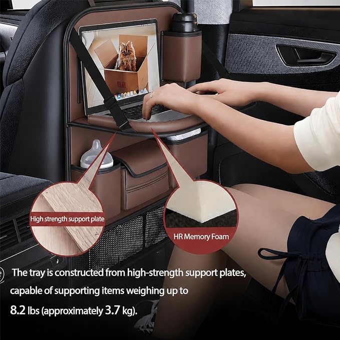 2 Pack Leather Car Backseat Organizer with Foldable Table Tray, Universal Car Seat Back Protector Kick Mat with Touchscreen Tablet Holder, Storage Pockets, Cup Holders & Tissue Holder, Brown