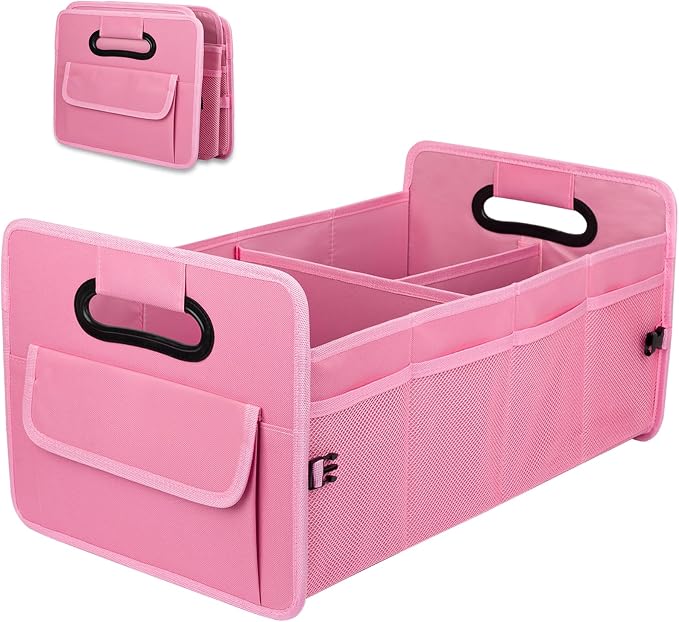Car Trunk Organizer, Collapsible Car Organizers and Storage Large Pink | Sturdy, Strong Capacity, Clean Decor, Multi Compartment Container Box, Adjustable Car Accessories for SUV Sedan Truck