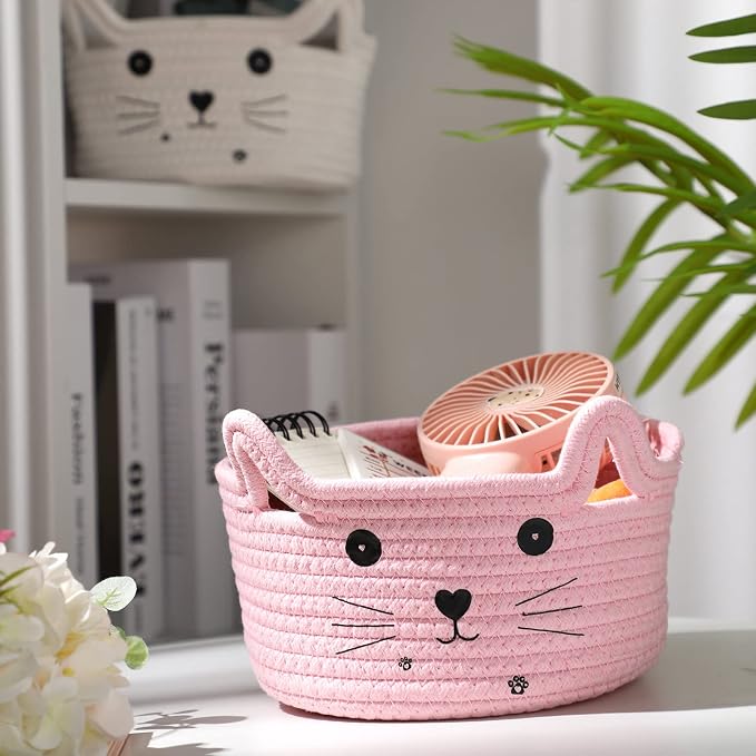 Zopeal Cat Storage Basket Woven Organizer with Ears Decorative Gift Cute Cotton Rope Pet Toy Basket for Gift Cat Dog Toy Bin Nursery Room(8.3 x 4.7 Inch,Pink)