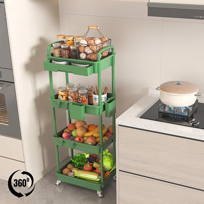 4 Tier Rolling Utility Cart with Drawer, Plastic Storage Organizer Rolling Carts with Wheels Handles Hanging Cups Hooks for Office, Bathroom, Kitchen,Craft Art Room (Green)