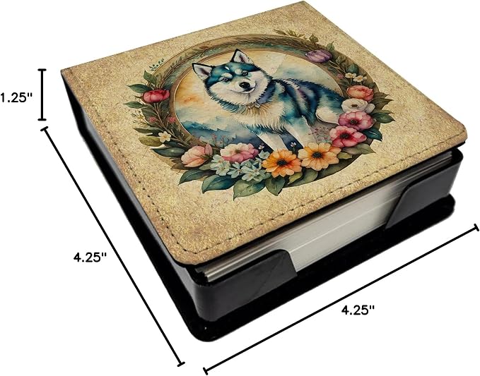 Caroline's Treasures Alaskan Klee Kai and Flowers PU Leather Note Paper Holder with Artist-Designed Cover, Desk Accessory, Office Gift