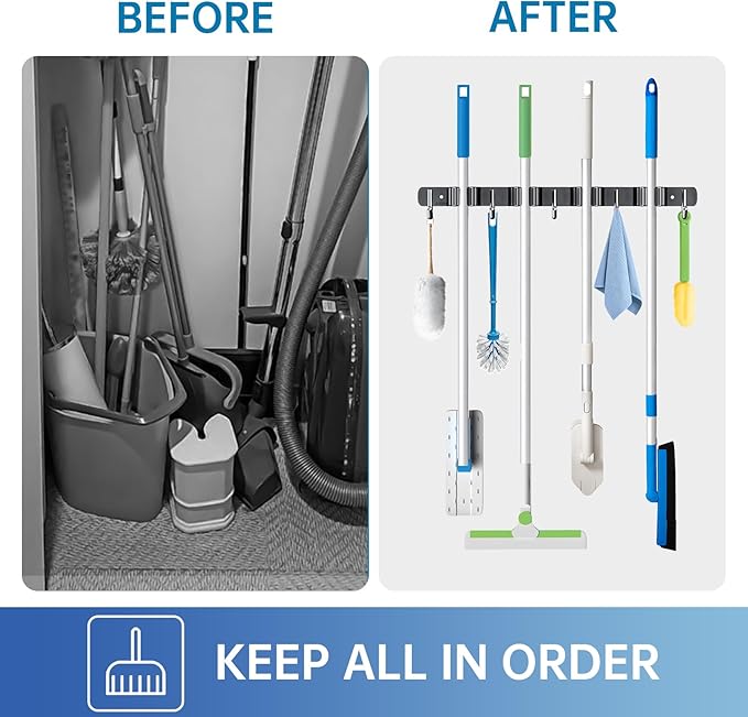 ZONGOOL Wall Mount Broom Holder 4 Racks 5 Hooks Metal Tool Organizer Black | 304 Rustproof Stainless Steel Broom Hanger, Non-Slip Wall Mount Organizer, Space Saving For Kitchen, Laundry, Garden