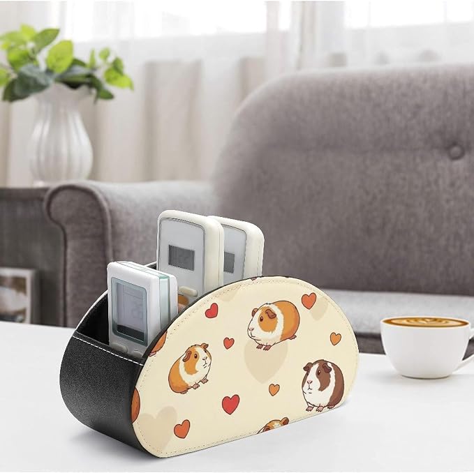 TV Remote Controllers Holder Cute Guinea Pig Pets Bedside Table Organizer | Desktop Storage Caddy Box, Cute Guinea Pig Pets, Pu Leather, 5 Compartments for Controller, Media Player