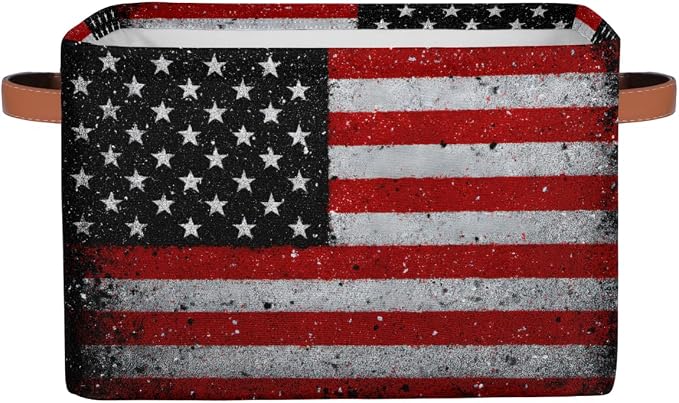 Pardick Storage Baskets Bin, Vintage American Flag Collapsible Canvas Fabric Storage Bin Decorative Baskets Toy Organizer Rectangle Storage Boxes with handles for Home Shelves Nursery,1Pack,C-03