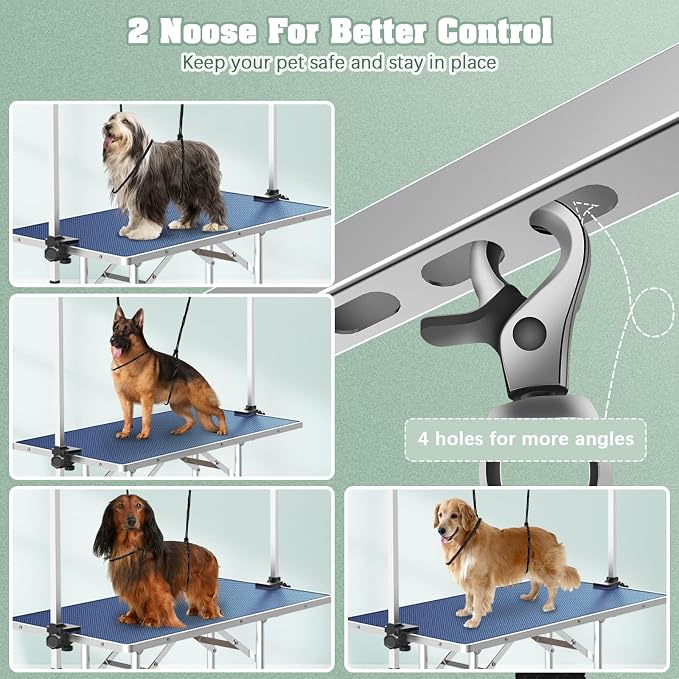 36'' Stainless Steel Pet Dog Grooming Table, Arm/Noose/Tray, Blue | Foldable Dog Grooming Table for Dogs at Home, Adjustable Height Arm, Non-Slip Waterproof Tabletop, Capacity 330Lb