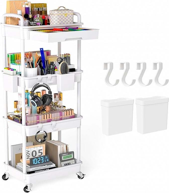 4 Tier Rolling Utility Cart with Drawer, Plastic Storage Organizer Rolling Carts with Wheels Handles Hanging Cups Hooks for Office, Bathroom, Kitchen,Craft Art Room (White)