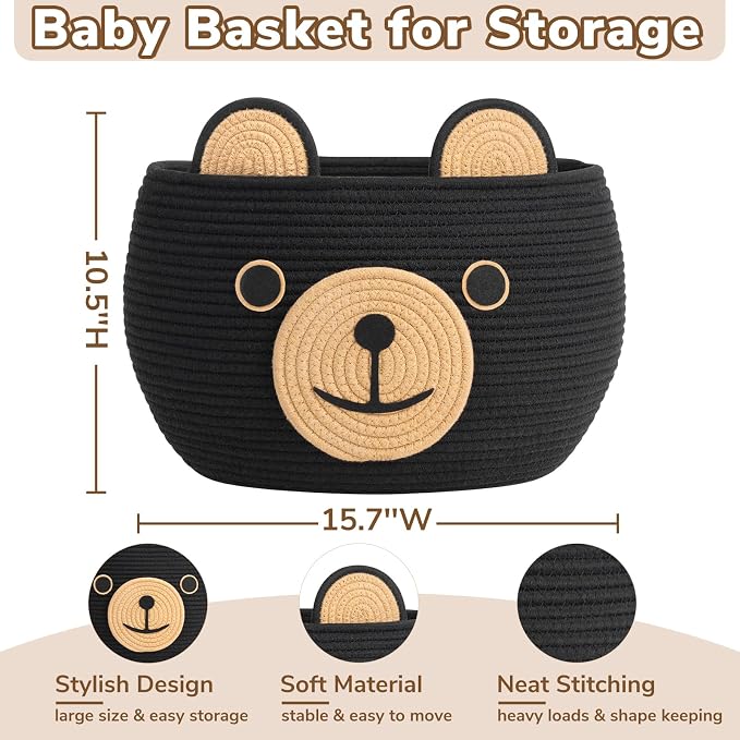 CherryNow Large Baby Basket for Gifts Empty, Cute Bear Design, Black | 15.7" x 10.5" Baby Shower Basket for Kids Boys Newborn Storage, Woven Rope Toy Basket, Fits Living Room Nursery Décor