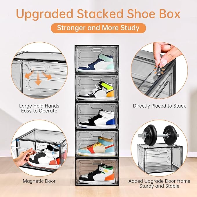 8 Pack Drop Side Shoe Boxes, Large Stackable Shoe Storage, Thick Plastic | Sneaker Storage with Magnetic Door, Shoe Organizer for Closet, Sturdy Shoe Containers, Sneaker display Case Fit up to Size 13