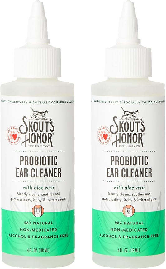 SKOUT'S HONOR Cat Ear Cleaner Solution with Aloe Vera - Alcohol-Free, Fragrance-Free, Non-Medicated Ear Wash for Cats, 4 oz., 2-Pack