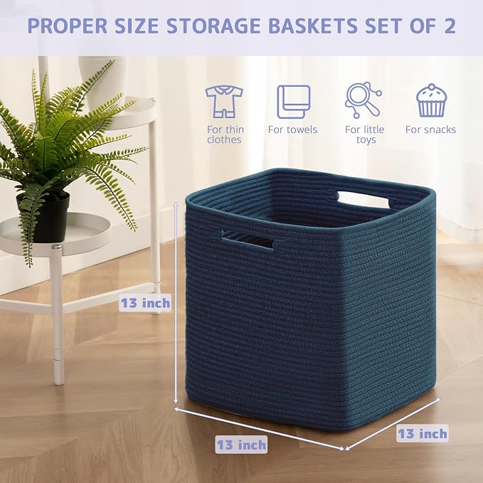 OIAHOMY 2 PACK Cube Storage Bin 13 Inch Collapsible Storage Cube Blue | Cube Storage Organizer Storage Bins for Shelves Baskets for Organizing Woven Rope Storage Baskets