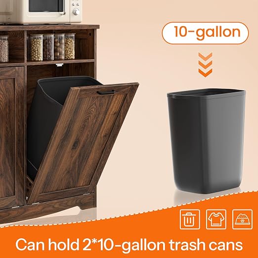 HOOBRO Double Tilt Out Trash Can Cabinet, 20 Gallon Kitchen Trash Bin Cabinet, Hidden Trash Storage with Open Compartments, Hidden Laundry Hamper, for Kitchen, Laundry, Walnut WL04LJ01