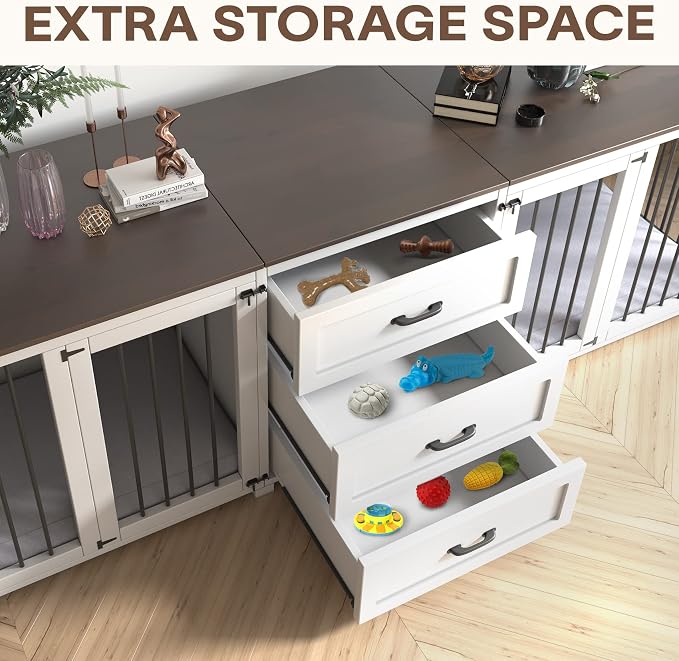 Furniture Style Dog Crate - Farmhouse Wooden Dog Kennel Furniture with 3 Drawer, Double Doors with Locks, 95"x23"x32"H, White