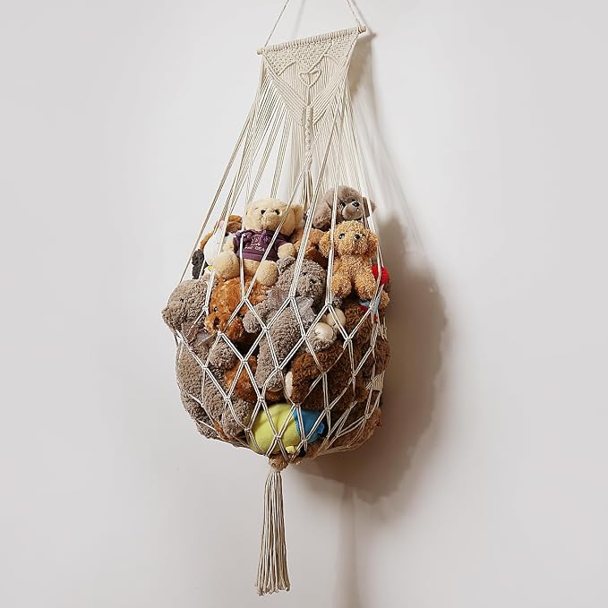 Amdermi Stuffed Animal Net or Hammock Wall Hanging Net Over Door Organizer for Stuffies Plush Toy Storage Boho Macrame Toy Display Nursery Bedroom Decor Stuffy Animal Toy Organizer (Cream)