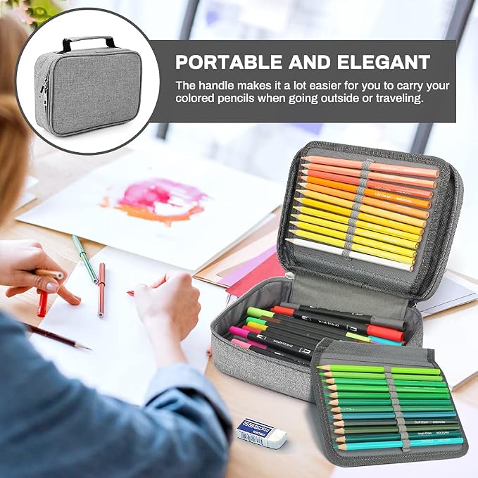 Number-one Large Capacity Pencil Case, 72 Slots Colored Pencil Pouch Bag Portable Pencil Holder Stationery Organizer with Compartments for Office and Travel, Grey