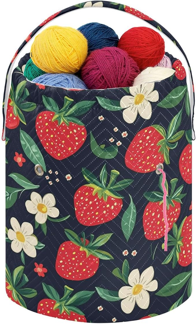 Fustylead Hand Draw Red Strawberry and Beautiful Floral Crochet Drawstring Organizer, Large Yarn Bag Storage Tote Basket for Crocheting On The Go, Kit Holder, Gift for Knitter, Crochet Beginner
