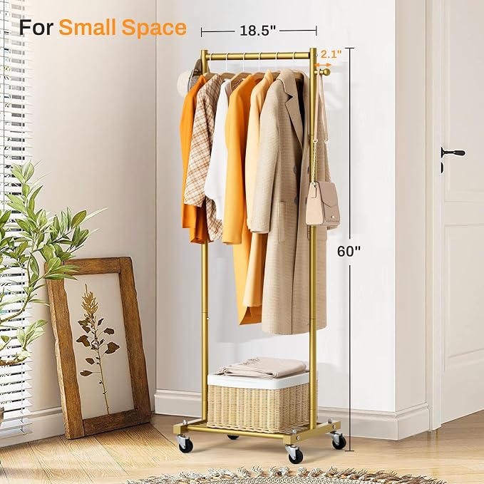 MISSLO Small Clothes Racks for Hanging Clothes Clothing Rack with Wheels 60" Garment Rack with Shelves Portable Rolling Wardrobe Rack for Small Space (Gold)