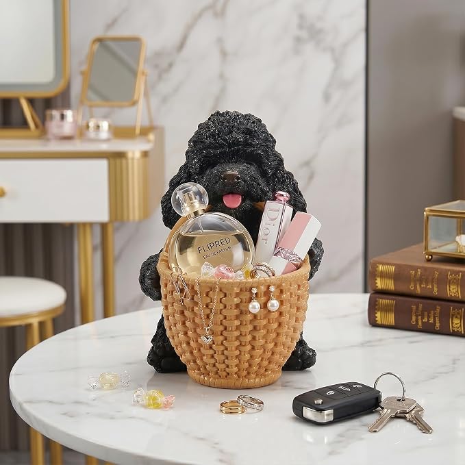 Black Poodle Candy Bowl, Resin Dog Figurine Key Bowl for Entryway Table, Desktop Storage Basket Organizer for Desk, Unique Dog Lover Gift