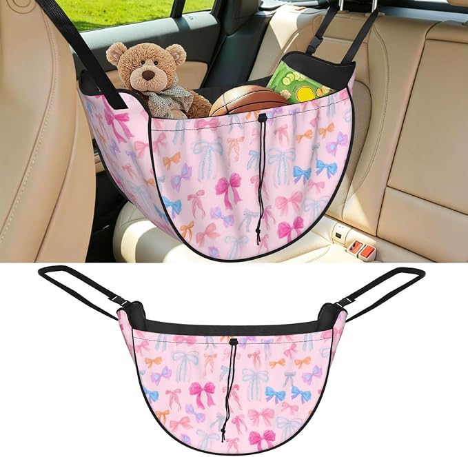 Pastel Bow Car Seat Organizer Backseat Storage Bag, Large Waterproof Vehicle Organizer With Adjustable Straps For Gear Essentials, Fits Most Cars