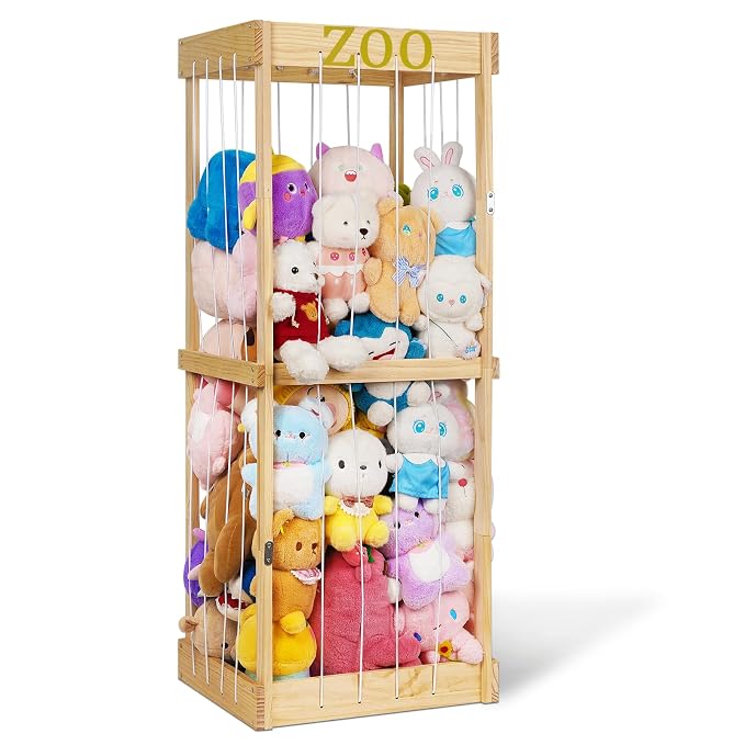 Trycooling Wood Stuffed Animal Zoo Stuffed Animal Storage, Wood | Plushie Storage, Stuffed Animals Zoo Storage Cage with Zoo Pattern Elastic Band for Nursery Play Room Bedroom