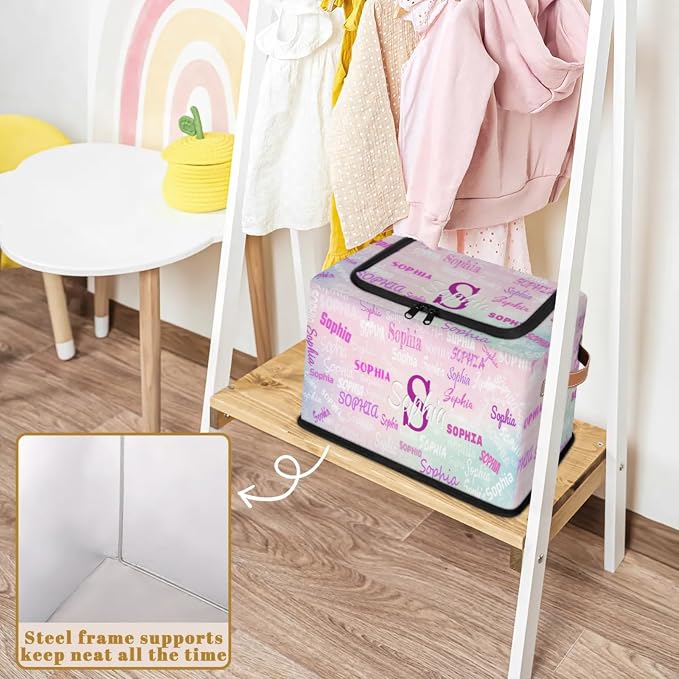 Personalized Storage Basket with Name, Rectangle Toys Storage Bin with Handles Zipper Lid for Baby, Girls, Collapsible Basket for Clothes, Books, Pale Pink with Blue Background