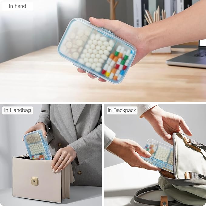 FYY Travel Pill Organizer, Large Weekly Medicine Pill Organizer-Blue | Airtight Moistureproof Medicine Case, Easy to Use, 8 Compartment Pill Box for Vitamins, Fish Oil, Supplements, Mini First Aid