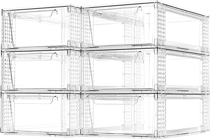 6 Pack Clear Stackable Storage Drawers, 3.95" H Easily Assemble Acrylic Organizer Bins - Multi-Use for Make up, Closet, Pantry, Bathroom, Medicine, Kitchen Cabinet & Undersink Organization