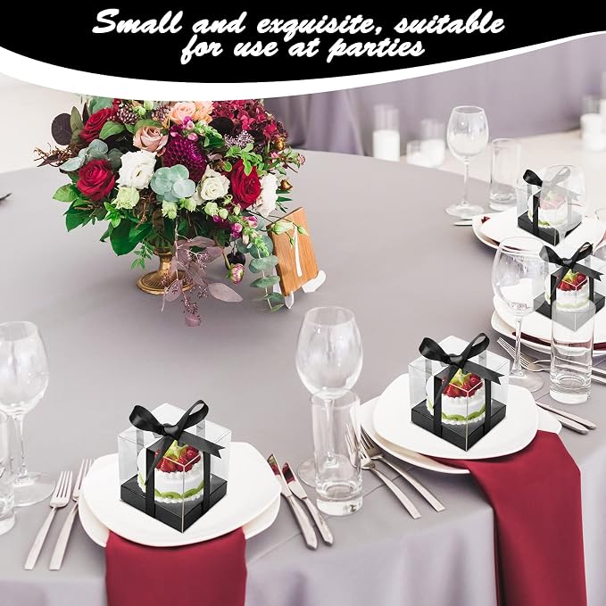 12 PCS Clear Cupcake Boxes 3.5 Inch Cupcake Containers (Black) | Disposable Cupcake Carrier Plastic Individual Cupcake Storage Holder with Ribbons and Inserts for Wedding, Birthday Party
