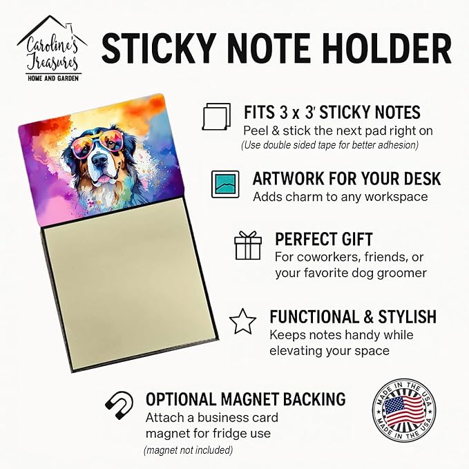 Caroline's Treasures Bernese Mountain Dog Hippie Dawg Sticky Note Holder Refillable Dispenser Self-Sticky Note Pads, Memo Pads Blank Desk Accessories