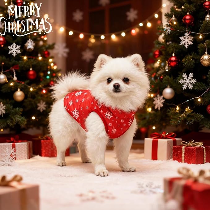 Idepet Pet Dog Cat Coat with Leash Anchor Color Patchwork Padded Puppy Vest Jacket Teddy Chihuahua Costumes Pug Cloth XS S M L(Small,Red-Snowflake)