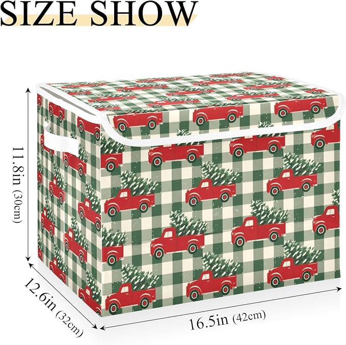 Christmas Red Truck Storage Bins with Lids Closet Bedroom 40L Fabric Bin | Decorative Storage Boxes, Foldable & Stackable, Dust-Proof Flip Top, Reinforced Handles, For Home & Dorm, Clothes & Toy Box