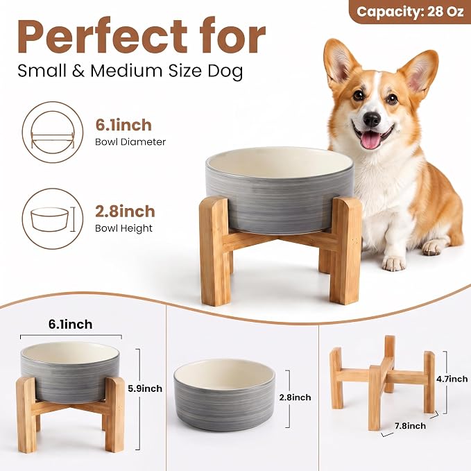 hjn Elevated Ceramic Dog Bowl with Bamboo Stand, Raised Pet Feeding Station for Small Medium Dogs Cats, Modern Design with Anti-Slip Base (White Gray, 3.6Cup)