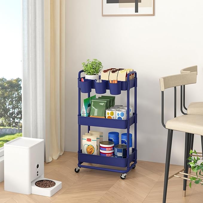3-Tier Plastic Rolling Storage Cart Utility Cart Blue | Utility Cart with Extra Hanging Cups Arc-Shaped Handles Lockable Wheels for Living Room Bathroom Kitchen Office