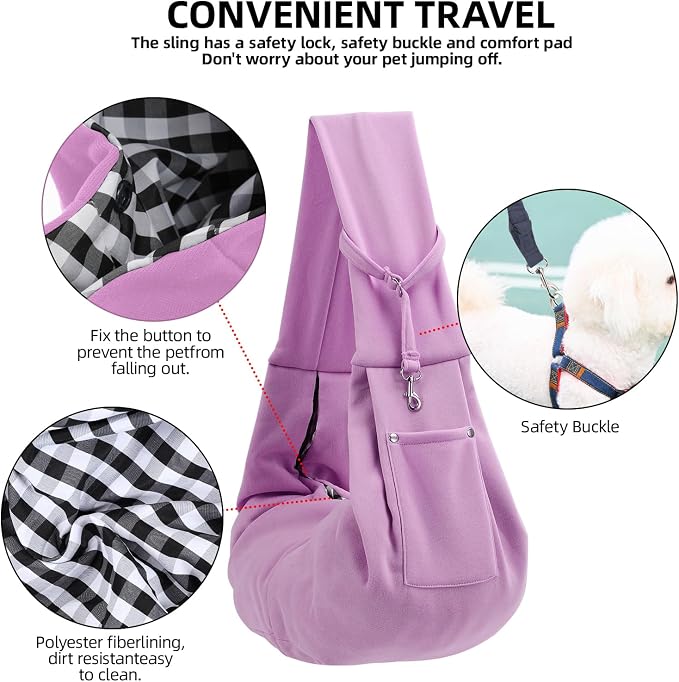 ARZQUT Dog and Cats Carrier Sling, Small Pet Carrier with Storage Pocket | Reversible Puppy Sling Carrier, Safety Buckle, Storage bag, Machine Washable for Travel, Outdoor Activitie, Hand-Free,Purple