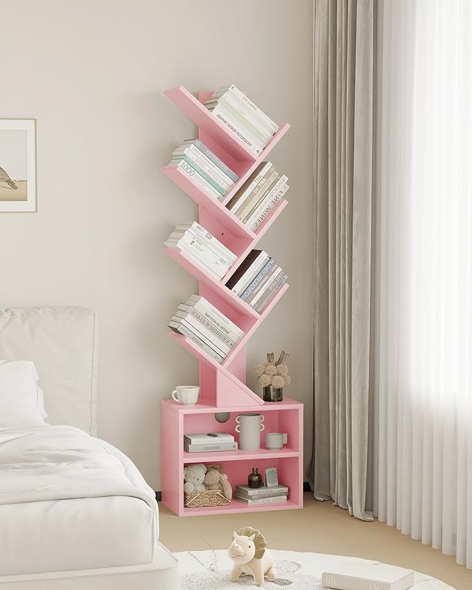 SUNMORY 6 Tier Tree Bookshelf, Tall Small Bookcase with Storage Cabinet | Modern Narrow Bookshelves Organizer, Floor Standing Book Case Shelf for Bedroom Living Room Home Office Corner, Pink