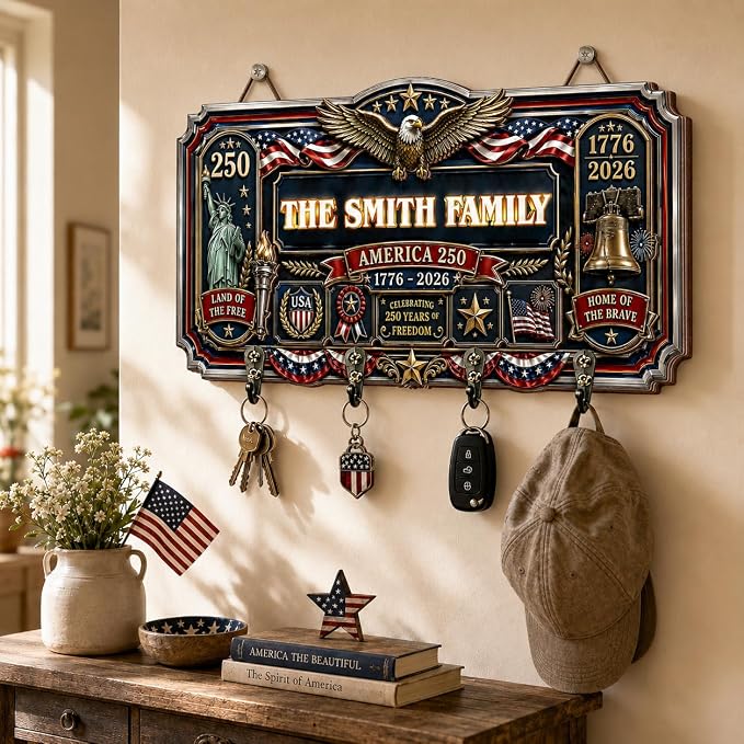 Personalized Key Holder Wall Mount, Custom USA 250th Anniversary Key Wall Hanger Organizer with Family Name, Keys Hanger Rack for Bags, Coats, Umbrellas, Keys Hooks for Entryway, Door, Bathroom