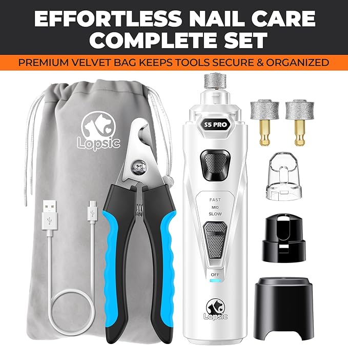 Whisper Quiet Dog Nail Grinder with 4 LED Lights, Safe & Stress-Free for Sensitive Dogs of All Breeds & Sizes, 3 Grinding Bits, 3-Speed, Pet Nail Trimmers, Rechargeable Painless Grooming Kit White